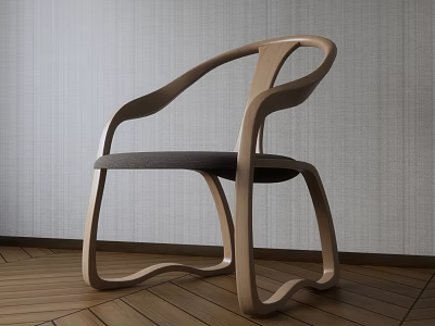 Elegant Wooden Curved Design Accent Chair With Gray Cushion And Textured Wall On Wooden Floor 3d model