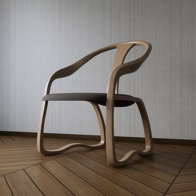 Elegant Wooden Curved Design Accent Chair With Gray Cushion And Textured Wall On Wooden Floor 3d model