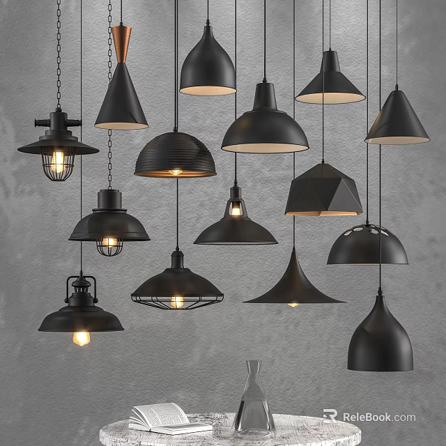 Various Styles of Black Pendant Lights Hanging Against Gray Wall with Illuminated Features 3d model 