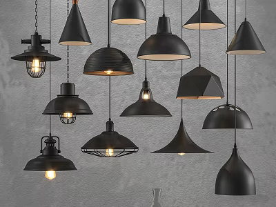 Various Styles of Black Pendant Lights Hanging Against Gray Wall with Illuminated Features 3d model