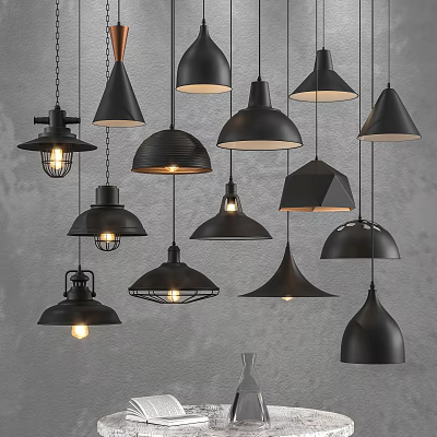 Various Styles of Black Pendant Lights Hanging Against Gray Wall with Illuminated Features 3d model