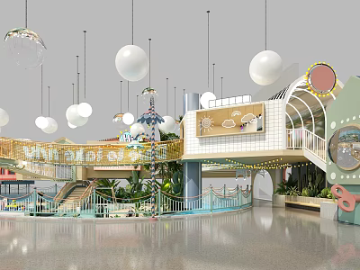 Indoor Playground With Hanging Spherical Lights Colorful Structures Slide Green Plants And Decorative Elements 3d model