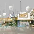 Indoor Playground With Hanging Spherical Lights Colorful Structures Slide Green Plants And Decorative Elements