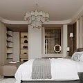 Modern Bedroom Interior With King Bed Chandelier Wall Panels And Nightstands
