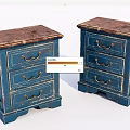 Two Blue Vintage Chests of Drawers with Golden Handles and Brown Tops