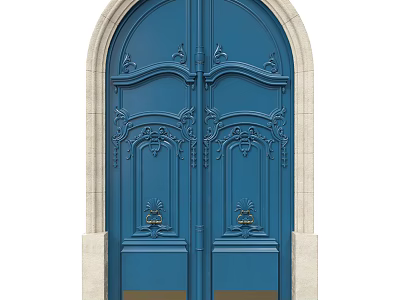 Blue Double Doors With Arched White Frame Ornate Carvings And Brass Knockers 3d model