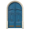 Blue Double Doors With Arched White Frame Ornate Carvings And Brass Knockers