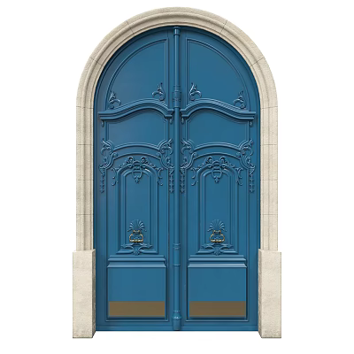 Blue Double Doors With Arched White Frame Ornate Carvings And Brass Knockers 3d model