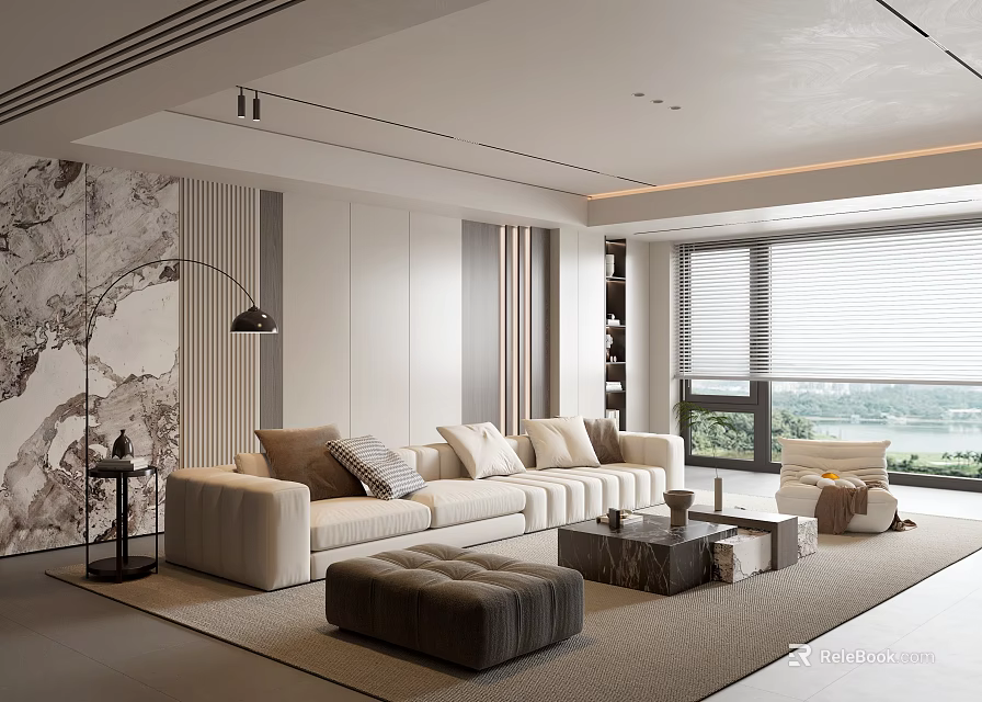 Modern Living Room With Beige Sofa Marble Texture Wall Floor Lamp Large Windows And Ottoman 3d model 