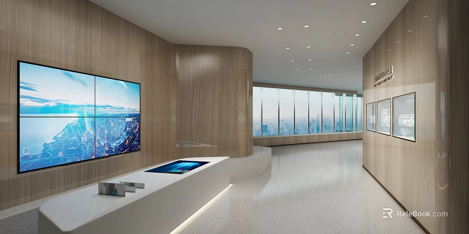 Spacious Modern Exhibition Hall Interior With Wooden Walls Large Screen And Display Counter 3d model 