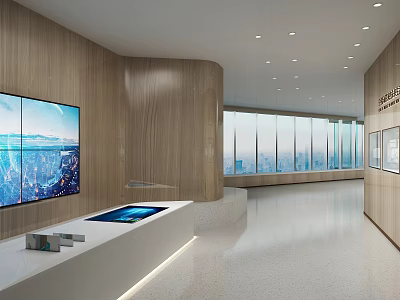 Spacious Modern Exhibition Hall Interior With Wooden Walls Large Screen And Display Counter 3d model