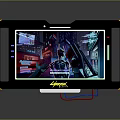 Cyberpunk Style Electronic Tablet with Yellow and Black Frame Neon Display Blue Lighting and Cables