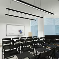 Modern Conference Room Interior With Black Chairs Tables Whiteboard And Ceiling Lights