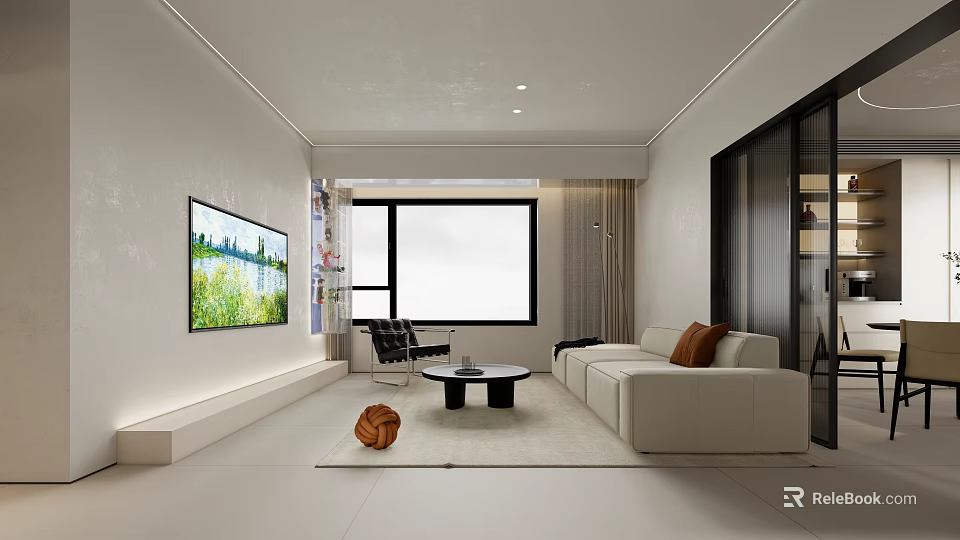 Modern Minimalist Living and Dining Room Interior With Wall-mounted TV Large Window And Light-colored Sofa 3d model 