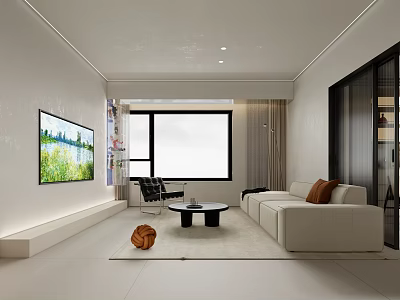 Modern Minimalist Living and Dining Room Interior With Wall-mounted TV Large Window And Light-colored Sofa 3d model
