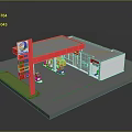 Gas Station Building Featuring Red Roof Fuel Pumps Convenience Store and Signboard