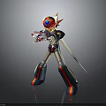 Humanoid Mechanical Character In Red Blue Armor With Horned Head Holding Small Creature And Sword