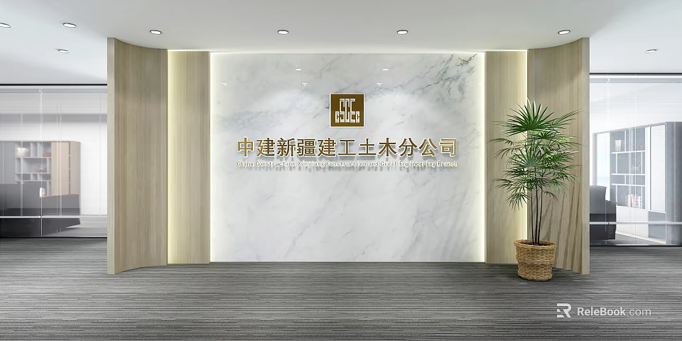Elegant Company Hall Interior With Marble Wall Logo Green Plant Wooden Walls And Carpeted Floor 3d model 
