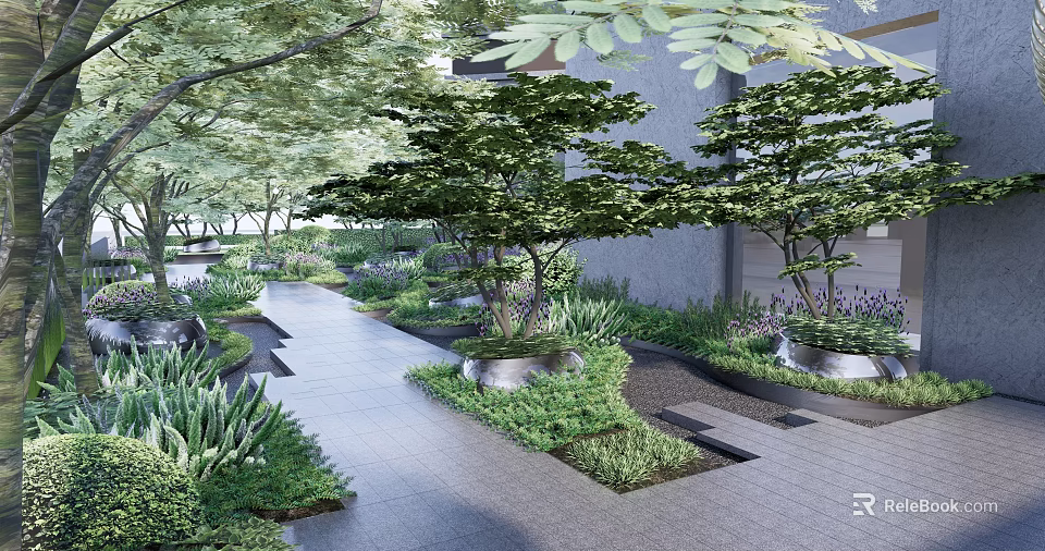 Lush Garden With Stone Pathway Various Green Plants And Trees 3d model 