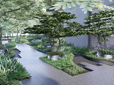 Lush Garden With Stone Pathway Various Green Plants And Trees 3d model