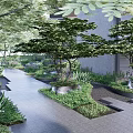 Lush Garden With Stone Pathway Various Green Plants And Trees