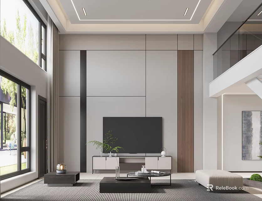 Modern Duplex Living Room With High Ceiling And Large Windows 3d model