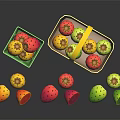 Colorful Fresh Fruits in Green and Yellow Baskets with Sliced Ones on Black Background