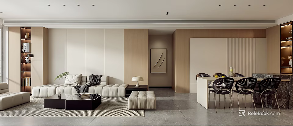 Elegant Modern Living Dining Room Interior With Open Concept Sofa Dining Table And Wooden Elements 3d model