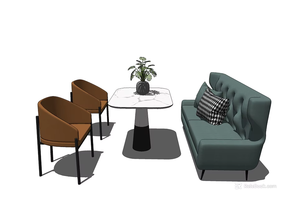 Modern Dining Set With White Marble Table Brown Chairs And Light Teal Sofa 3d model