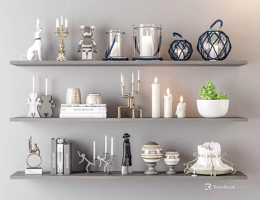 Stylish Shelf Display With Candle Lamps Lit Candles Decorative Figurines Books And Potted Plant 3d model 