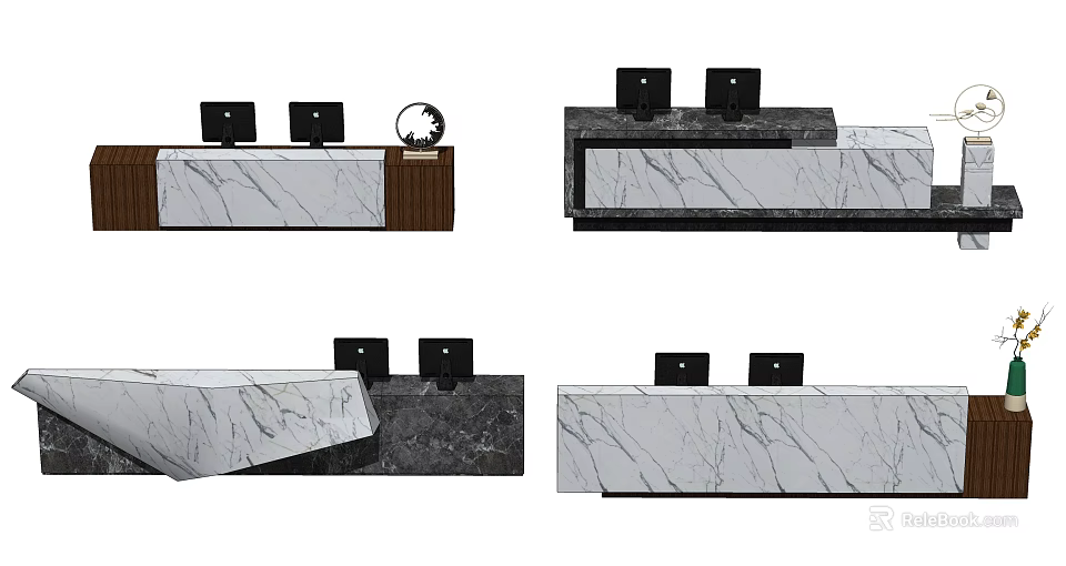 Modern Office Reception Desk With Marble Countertop And Computer Workstations 3d model