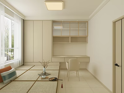Tatami Bedroom Interior Design With Storage Cabinets Desk Chair And Window 3d model