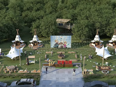 Camping Site Featuring Tepee Tents Outdoor Movie Screen And Lush Tree Surroundings 3d model