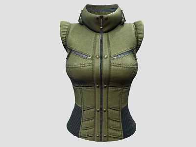 Green Sleeveless Vest With Zipper Buttons And Fitted Structured Design 3d model