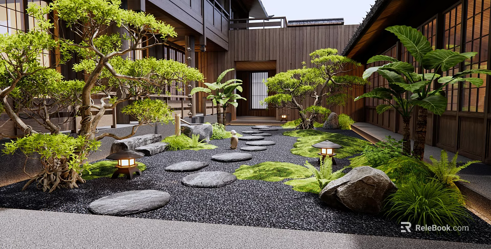 Traditional Courtyard Garden With Stone Path Lanterns Moss Trees And Wooden Structure 3d model 