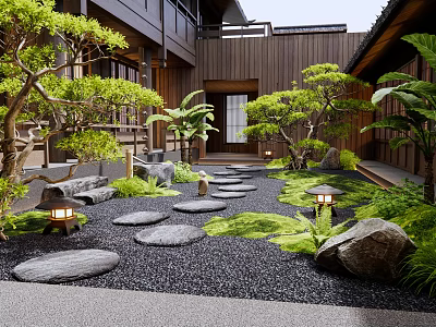 Traditional Courtyard Garden With Stone Path Lanterns Moss Trees And Wooden Structure 3d model