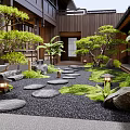 Traditional Courtyard Garden With Stone Path Lanterns Moss Trees And Wooden Structure