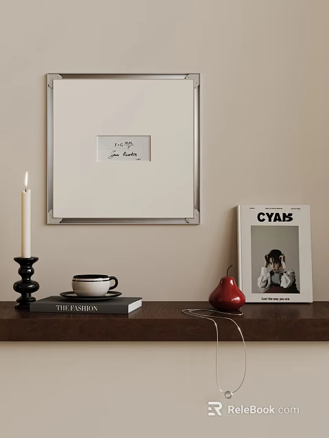Decorative Ornament Combination With Framed Art Candle Magazines Coffee Cup Red Pear On Wooden Shelf 3d model 