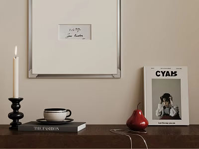 Decorative Ornament Combination With Framed Art Candle Magazines Coffee Cup Red Pear On Wooden Shelf 3d model