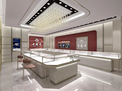 Jewelry Store Modern Interior With Display Counters Lighting And Brand Logos 3d model