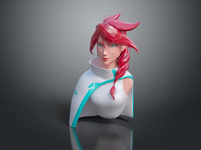 Stylish Game Anime Character With Red Braid Hair White Outfit And Blue Accents 3d model