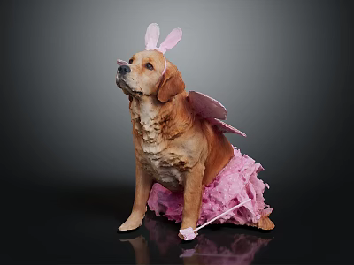 Adorable Labrador Wearing Pink Bunny Ears Fairy Wings Tutu Skirt Holding Pink Magic Wand 3d model