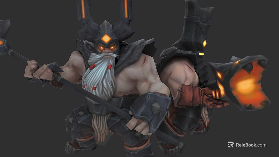 Horned White Bearded Warrior Game Character With Glowing Eyes Armor And Weapon 3d model 