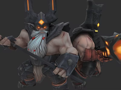 Horned White Bearded Warrior Game Character With Glowing Eyes Armor And Weapon 3d model