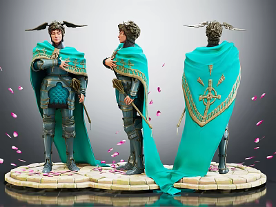 Warrior Character In Blue Cloak With Gold Patterns Winged Helmet Weapon Pink Petals Circular Base 3d model