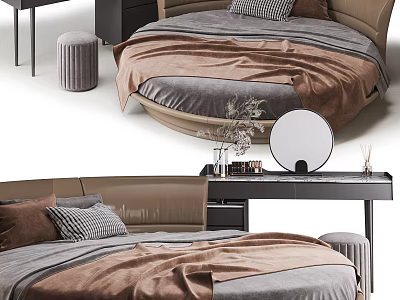 Round Bed Interior Design With Soft Brown Blanket Pillows And Dressing Table Mirror 3d model