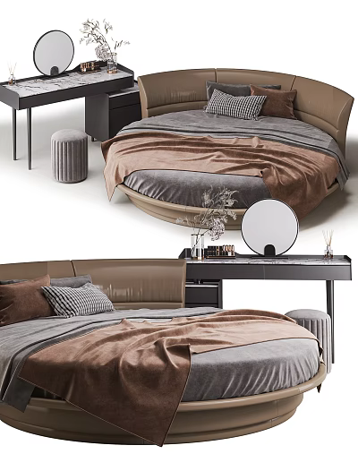 Round Bed Interior Design With Soft Brown Blanket Pillows And Dressing Table Mirror 3d model