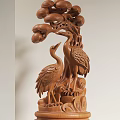 Artistic Wooden Sculpture Featuring Cranes And Pine Trees With Display Frame And Stand