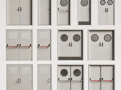 Various Modern Door Designs With Round Windows And Red Handles 3d model