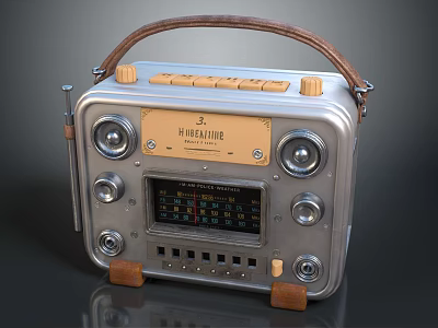 Vintage Retro Radio Speaker With Wooden Handle Metal Body Knobs and FM 3d model